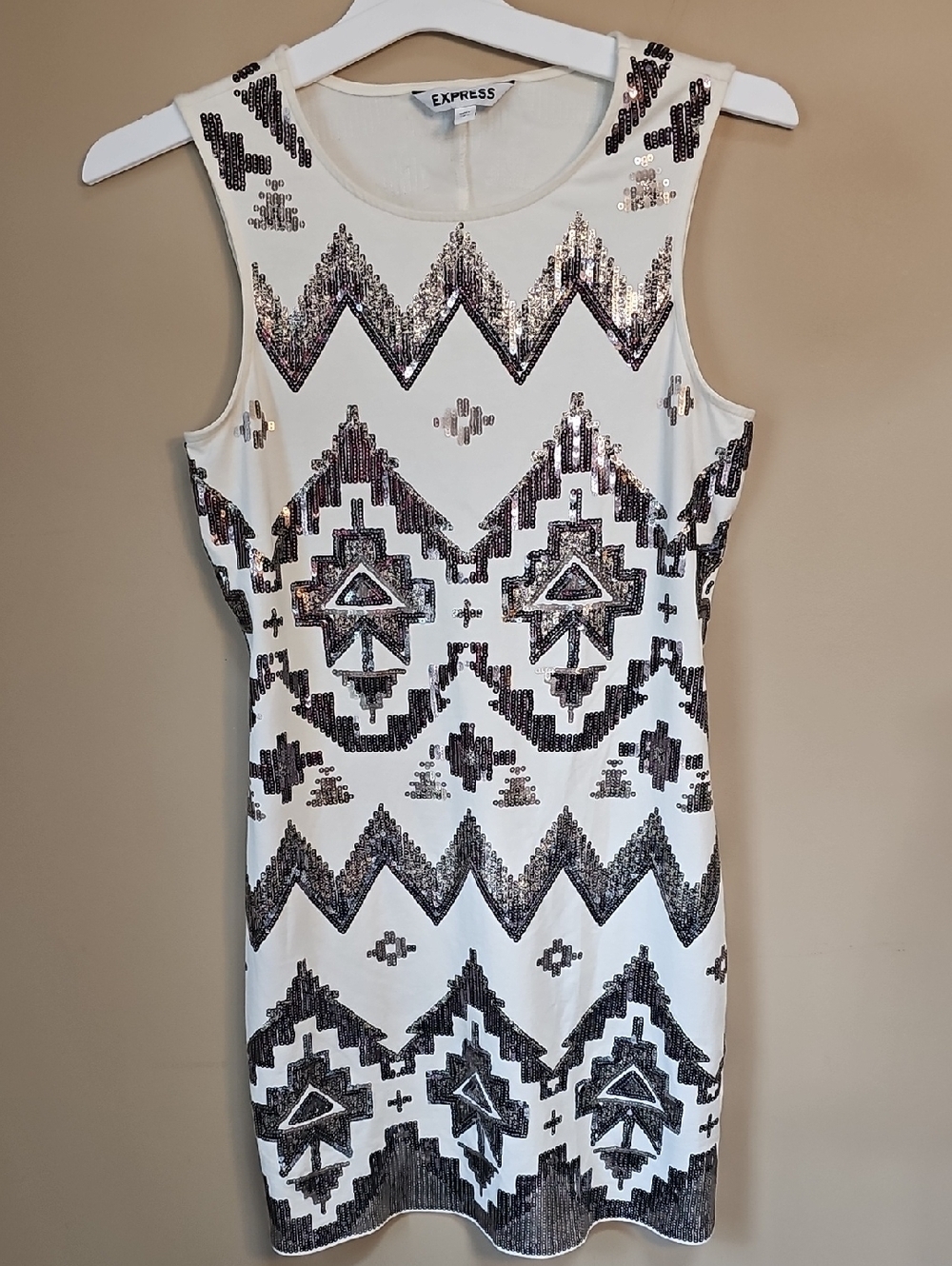 Express White Sleeveless Sequin Pattern Mini Dress